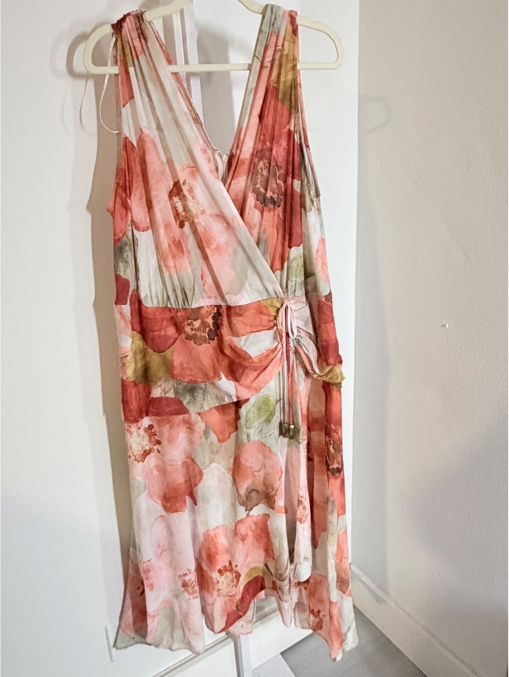 NWT Donna Karan Floral Print Sleeveless Wrap Dress with Drawstring Waist
